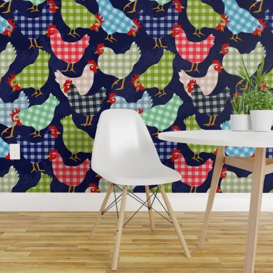 Pre-Pasted Wallpaper 2FT Wide Dark Blue Whimsical Animals Barnyard Multicolor Custom Pre-pasted Wallpaper by Spoonflower {1}