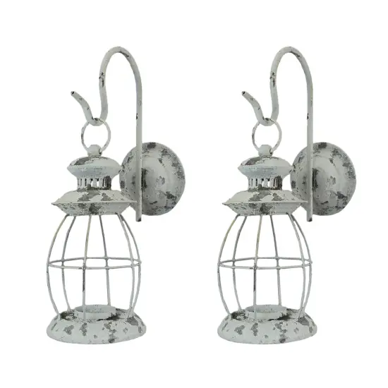 Set of 2 Rustic Distressed Metal Wall Mounted Railroad Lantern Hanging Sconces {1}