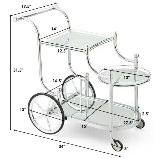 Kitchen Glass Shelves Metal Frame Serving Rolling Cart {4}