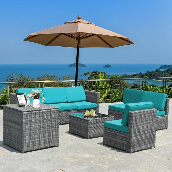 8 Piece Wicker Sofa Rattan Dinning Set Patio Furniture With Storage Table Turquoise {2}