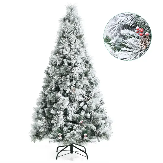 Costway 6ft Artificial Christmas Tree, Snow Flocked Hinged Xmas Tree w/ Pine Needles, Red Berries, Pine Cones & Metal Base {5}