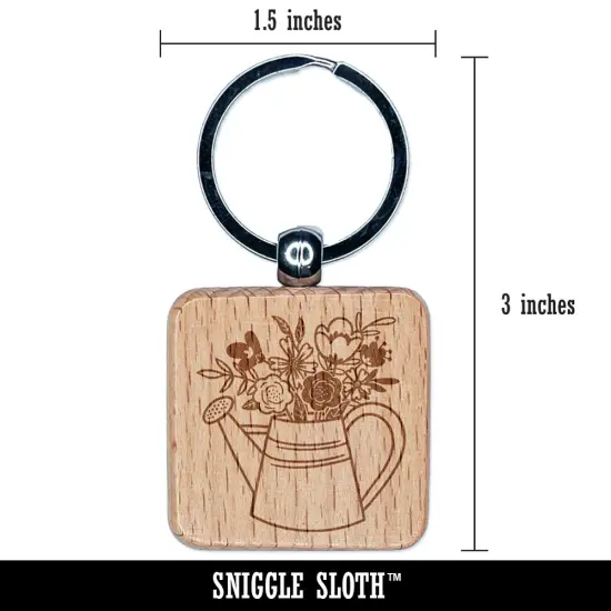 Watering Can Bouquet of Flowers Engraved Wood Square Keychain Tag Charm {2}