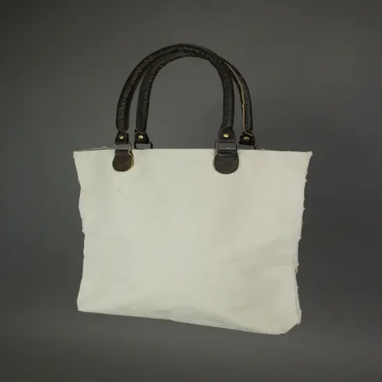 Lattice Basket Weave Cotton Tote Bag W/ Leather Handles 16 X 15 Inches {3}