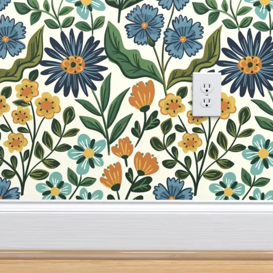 Peel & Stick Wallpaper 2FT Wide Wildflower Graceful Flowers Blossoms Petals Blue Green Orange Marigold Daisy Custom Removable Wallpaper by Spoonflower {4}