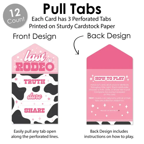 Big Dot of Happiness Last Rodeo - Pink Cowgirl Bachelorette Party Game Pickle Cards - Truth, Dare, Share Pull Tabs - Set of 12 {4}