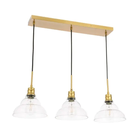 Clive 3 light Brass and Clear seeded glass pendant {5}
