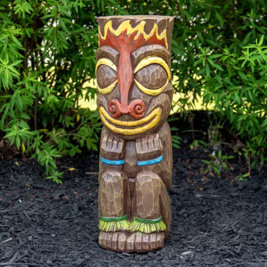 Northlight 16" Solar Lighted Polynesian Outdoor Garden Fire Tiki Statue Brown {3}