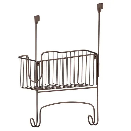 mDesign Metal Over Door Ironing Board Holder with Large Storage Basket {5}