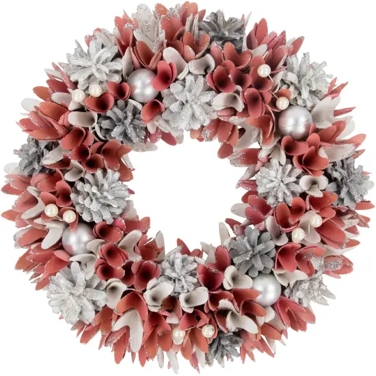 Northlight 13" Pink and White Wooden Floral Christmas Wreath with Pinecones {1}