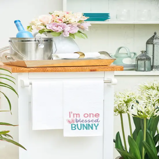 "I'm One Blessed Bunny" Easter Rabbit Embroidered Cotton Waffle Weave Kitchen Dishtowel {5}