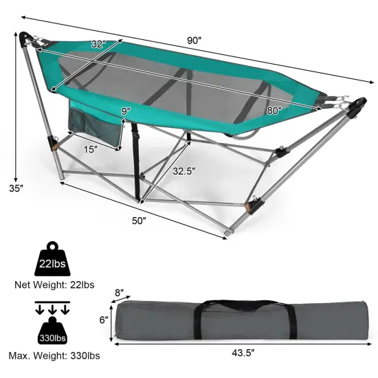 Outdoor Folding Hammock Bed with Breathable Fabric Metal Frame and Side Pocket Storage Turquoise {5}