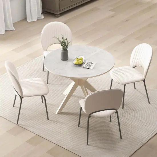 Costway Round Dining Table 36" Faux Marble Tabletop Rubber Wood Legs Kitchen White/Black {4}