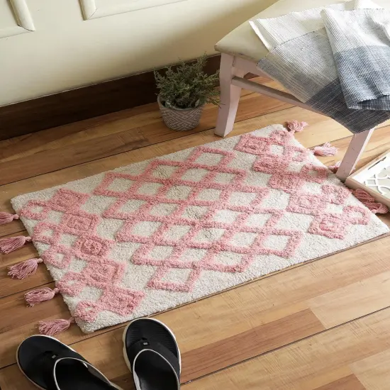 Pink Tassel Bath Mat Hand Tufted Cotton Bath Rug For new year gift {1}