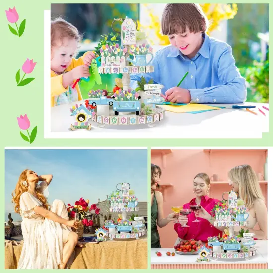 Hello Spring Tiered Tray Decor Tulips Table Wooden Sign Decorations Flower Market Tabletop Rustic Farmhouse Decor for Spring Holiday Party Home Kitchen (Tulip Style) {4}