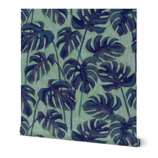 Peel & Stick Wallpaper 2FT Wide Blue Palm Tropical Foliage Rainforest Summer Ink Green Houseplant Custom Removable Wallpaper by Spoonflower {7}