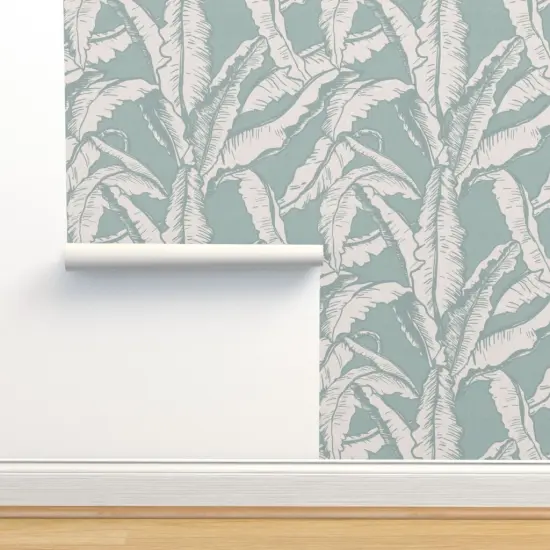 Pre-Pasted Wallpaper 2FT Wide Sage Green Minimal Tropical Flora Banana Leaf Rainforest Summer Island Custom Pre-pasted Wallpaper by Spoonflower {2}