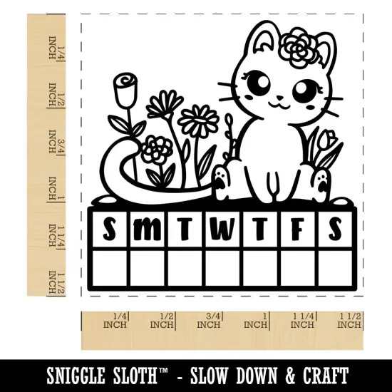 Weekly Habit Tracker Cat and Flowers Sunday Start Self-Inking Rubber Stamp Ink Stamper Black {1}