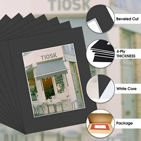 Pack of 10, Acid-Free Black Pre-Cut 11x14 Picture Mat for 8x10 Photo with White Core Bevel Cut Frame Mattes {6}