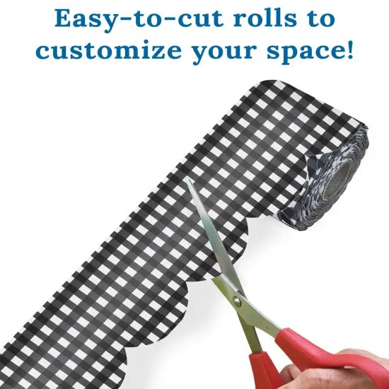 Carson Dellosa Farmhouse 65Ft of Black and White Gingham Bulletin Board Borders, 1 Roll of Scalloped Trim for Rolling Whiteboard, Cork and Posterboard, Party, Office Decorations, and Classroom Decor {4}