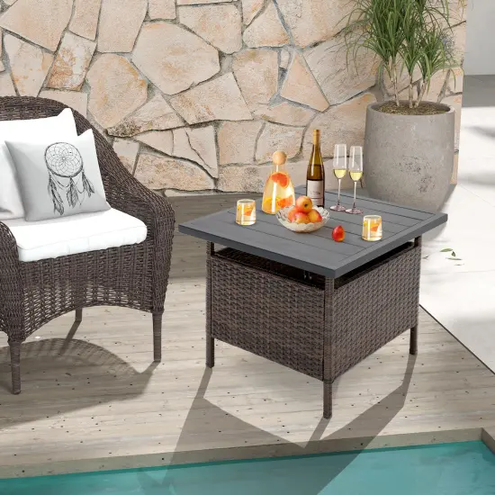 Patio Square Wicker Side Table with Umbrella Hole for Yard Garden Poolside {2}