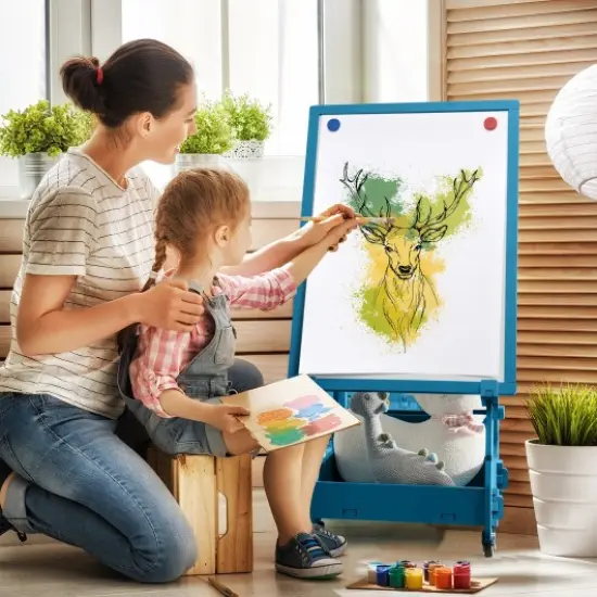 Kids' Standing Art Easel with 4-Level Adjustable Height and Multi-Functional Drawing Board Navy {2}
