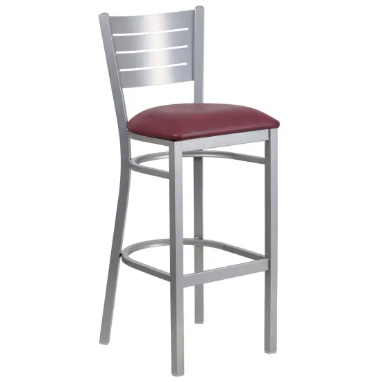 Emma and Oliver Silver Slat Back Metal Restaurant Dining Barstool BurgundyVinyl/Silver {1}