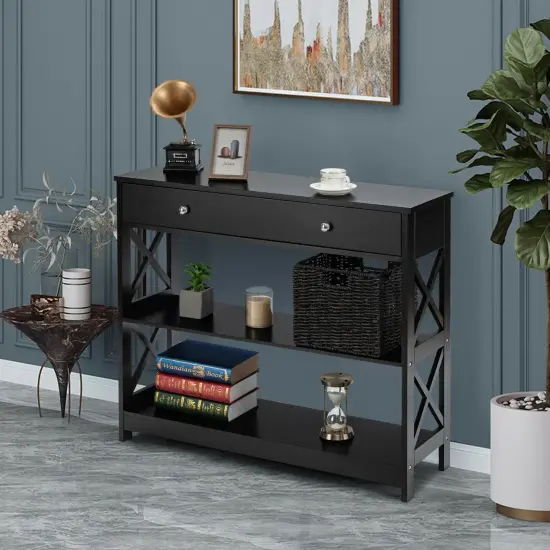 3-Tier Console Table with Drawers for Living Room Entryway Black {6}