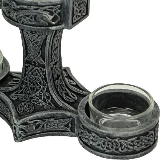 Norse Mythology Thor's Hammer Mjolnir Silver Finish Triple Tealight Candleholder {5}
