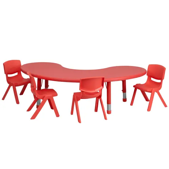 Emma and Oliver 35"W x 65"L Half-Moon Plastic Height Adjustable Activity Table Set with 4 Chairs Red {1}