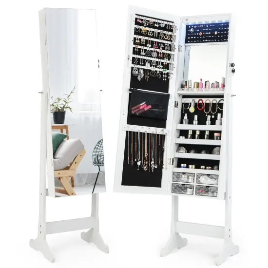 LED Lighted Jewelry Armoire with Full-Length Mirror White {1}