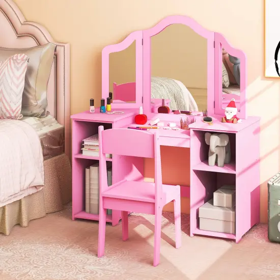Kids Vanity Table and Chair Set with Removable Tri-Folding Mirror Pink {6}