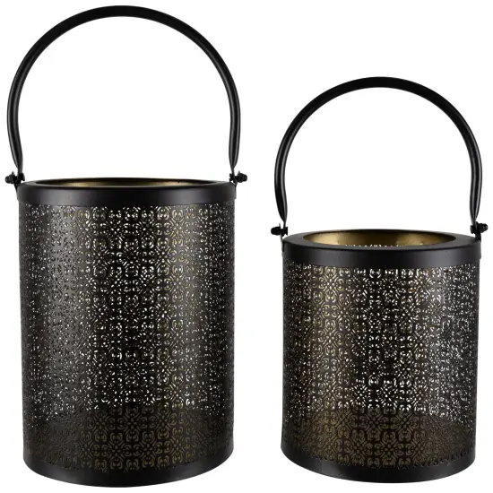 Northlight Laser-Cut Design Iron Candle Holders with Handles - 9.5" - Black - Set of 2 {1}