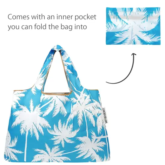 Wrapables Large & Small Foldable Tote Nylon Reusable Grocery Bags, Set of 2 Palm Trees in Blue {5}