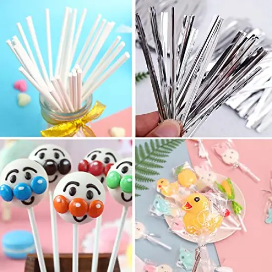 100 Pieces Silver Lollipop Cake Pop Treat Bag Set Including Parcel Bags, 100pcs Papery Treat Sticks, 100pcs Colorful Metallic Twist Ties for Making Lollipops, Cake Pops, Candies, Chocolates and Cookies {6}