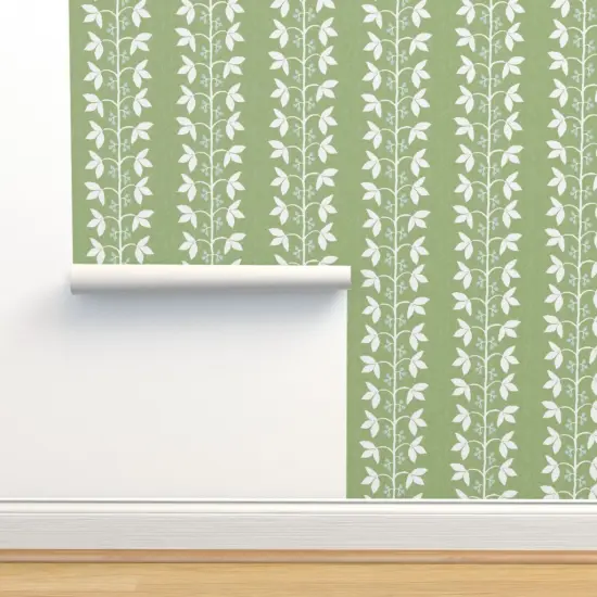 Pre-Pasted Wallpaper 2FT Wide Botanical Stripe Grass Green Simple Traditional Leaves Custom Pre-pasted Wallpaper by Spoonflower {2}
