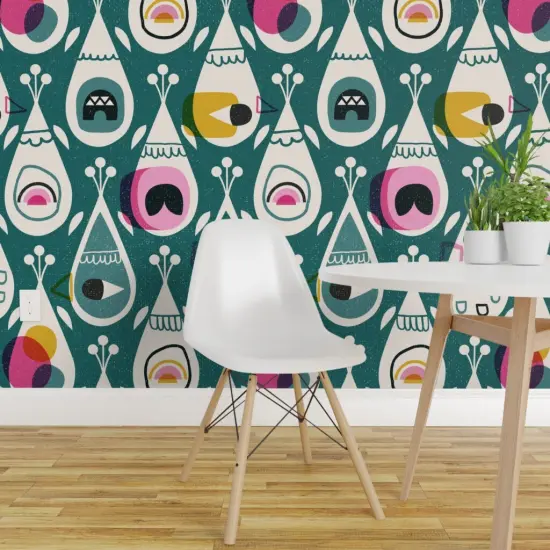 Peel & Stick Wallpaper 2FT Wide Modern Retro Abstract Mid Century Mod Bird Feather Dark Green Custom Removable Wallpaper by Spoonflower {1}