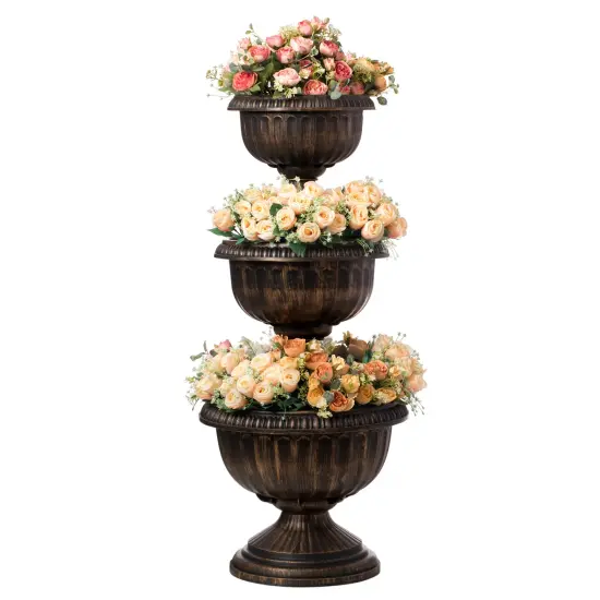 Outdoor Garden Triple Stacked Flower Bowl Urn Tier Planter Decoration, Bronze {1}