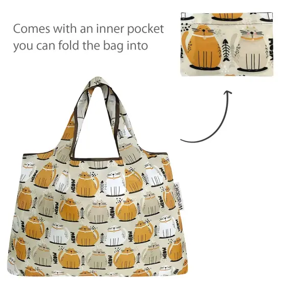 Wrapables Large & Small Foldable Tote Nylon Reusable Grocery Bags, Set of 2 Cat Food {5}