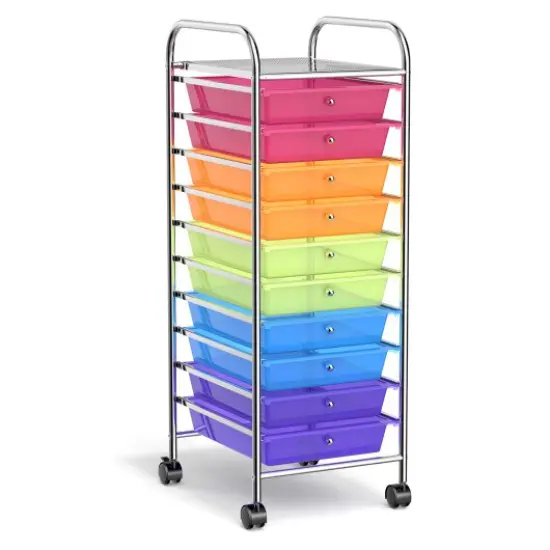 10-Drawer Rolling Storage Cart with Lockable Wheels and Steel Frame for Home or Office Use Clear Multicolor {1}