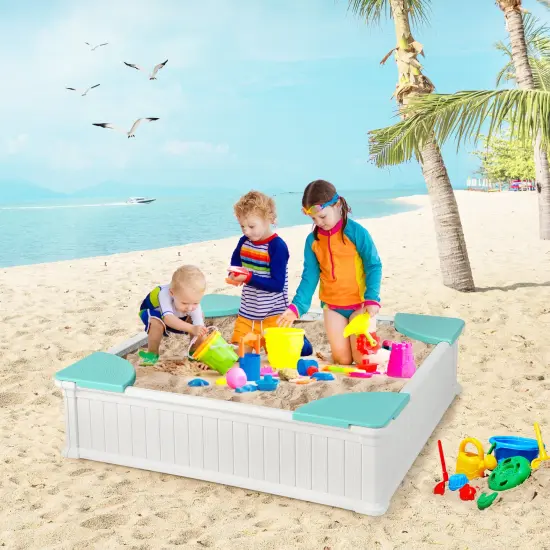 Kids Outdoor Sandbox with Oxford Cover and 4 Corner Seats White {2}