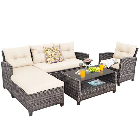 4 Pieces Patio Rattan Furniture Set With Cushion And Table Shelf Off-White {3}