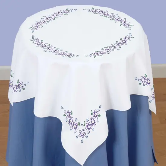 Jack Dempsey Stamped White Perle Edge Table Topper 35"X35"-Lavender Flowers {3}