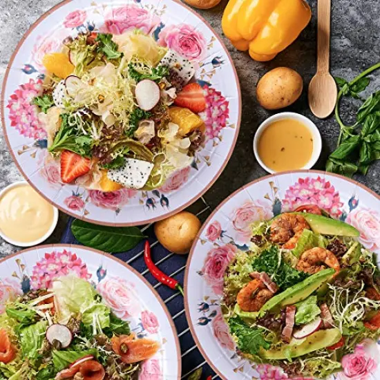 Floral Party Supplies, (Serves 24) Rose Flower Disposable Paper Plates Cups Napkin, Knives Spoons Forks, Tableware Sets for Baby Shower Birthday Bridal Shower Tea Mothers Day Decorations {2}