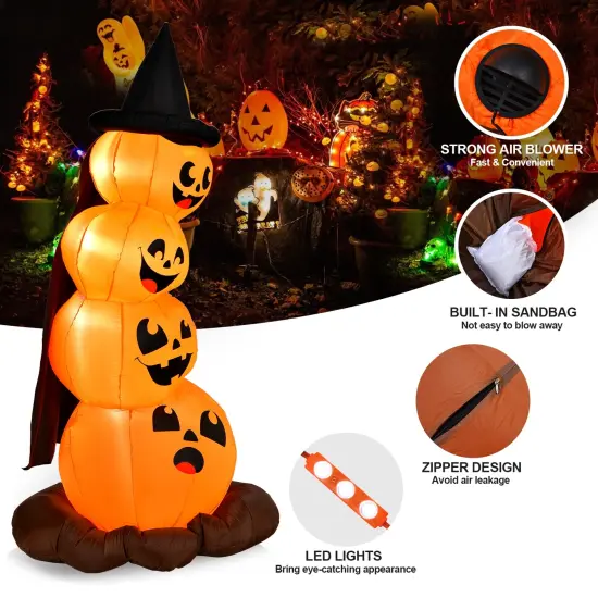 7 Feet Halloween Inflatable Pumpkin Combo with Witch's Hat and LED Lights {5}