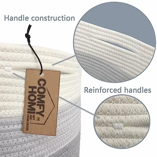 COMFY-HOMI Cotton Rope Woven Basket With Handles for Shelves, Toy, Book, Cloth Storage Basket for Organizing|NEW 13.5" x 11" x 9.5" Decorative Nursery Cube Bin for Living Room(White/3-Tone Grey) {4}