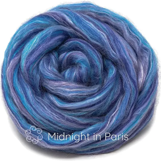 Silk Merino Blended Roving. Soft Combed Top Fiber for Spinning, Felting, & Fiber Arts. Midnight in Paris {1}