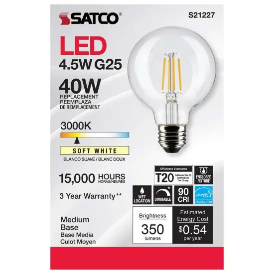 6Pk - Satco 4.5w G25 Globe Filament LED 3000K Medium Base Dimmable - 40w equiv Warm White {5}
