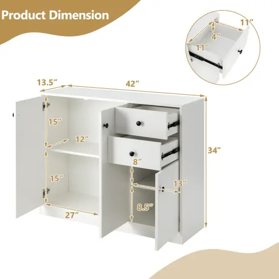 Modern Buffet Sideboard with 2 Pull-out Drawers and Adjustable Shelf for Kitchen-White {4}