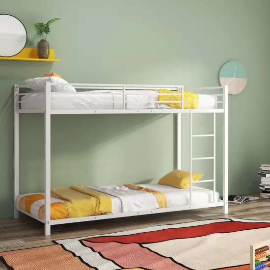 Twin Over Twin Metal Bunk Bed, Low Profile, Safe, No Box-Spring White {3}