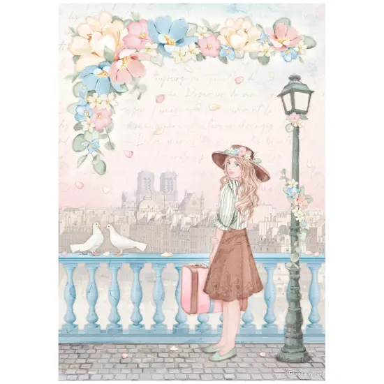 Stamperia Rice Paper Sheet A4-Oh La La - Girl With Suitcase {1}